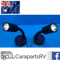 BLACK 12V LED WALL OR  READING LIGHTS X 2 WITH USB PORTS (1 PAIR). CARAVAN / RV